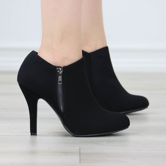 Heeled Ankle Booties Round Toe Stiletto High Heel Velvet Black Side Zipper - Picture 9 of 11